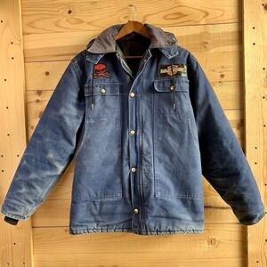 Vintage Men's M? Canvas Chore Coat‎ Barn Jacket Distressed Patches Blue Denim